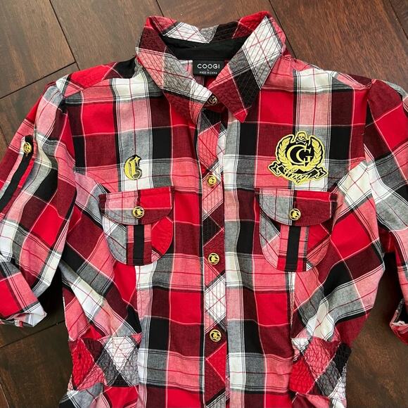 COOGI Button Down Shirt Roll Tab Long Sleeves Red Black Plaid Elastic Waist Sz L - Picture 9 of 12
